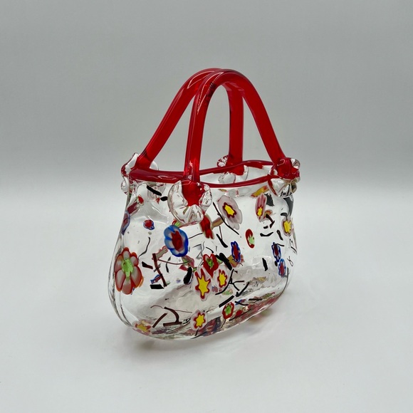 Vintage Hand Blown Purse Vase Floral Millefiori Art Glass Crystal Murano Style - Picture 2 of 13